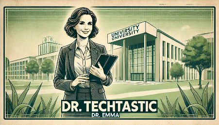 Dr Emma Techtastic stood in front of a university campus.