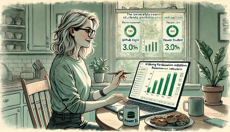 Dr Emma Techtastic analysing data on a laptop over breakfast at her kitchen table.